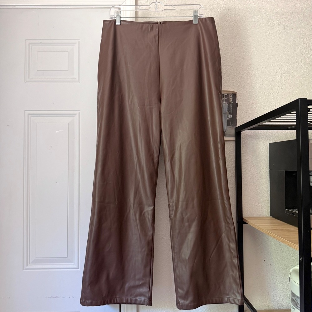 LISA SAYS GAH brown pu pleather wide straight leg pants